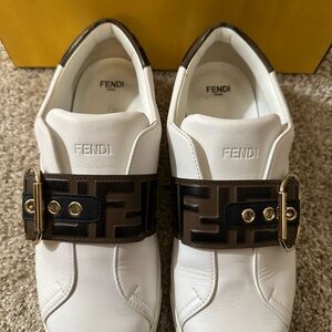 Fendi White Leather Sneakers with Brown and Black Logo Strap